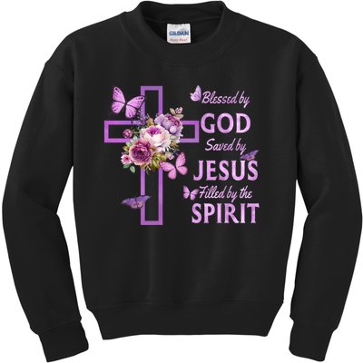 Blessed By God Saved By Jesus Purple Floral Cross Christian Kids Sweatshirt