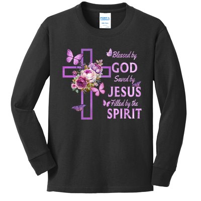 Blessed By God Saved By Jesus Purple Floral Cross Christian Kids Long Sleeve Shirt