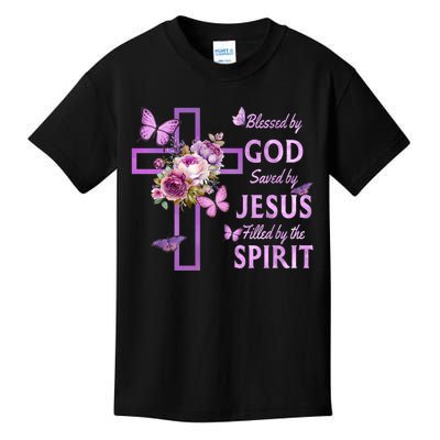 Blessed By God Saved By Jesus Purple Floral Cross Christian Kids T-Shirt