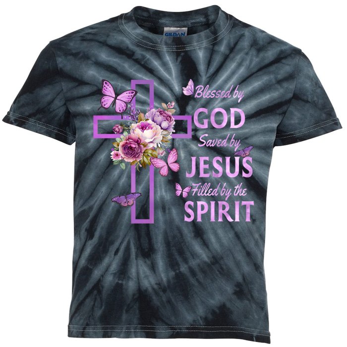 Blessed By God Saved By Jesus Purple Floral Cross Christian Kids Tie-Dye T-Shirt