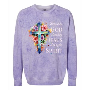 Blessed By God Loved By Jesus Floral Cross Christian Colorblast Crewneck Sweatshirt