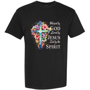 Blessed By God Loved By Jesus Floral Cross Christian Garment-Dyed Heavyweight T-Shirt