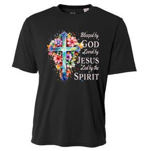 Blessed By God Loved By Jesus Floral Cross Christian Cooling Performance Crew T-Shirt