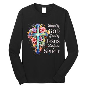 Blessed By God Loved By Jesus Floral Cross Christian Long Sleeve Shirt