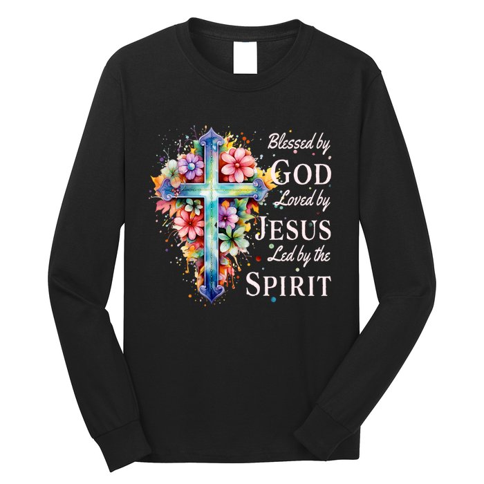 Blessed By God Loved By Jesus Floral Cross Christian Long Sleeve Shirt