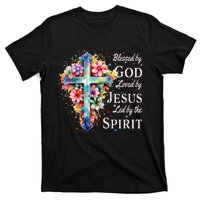 Blessed By God Loved By Jesus Floral Cross Christian T-Shirt