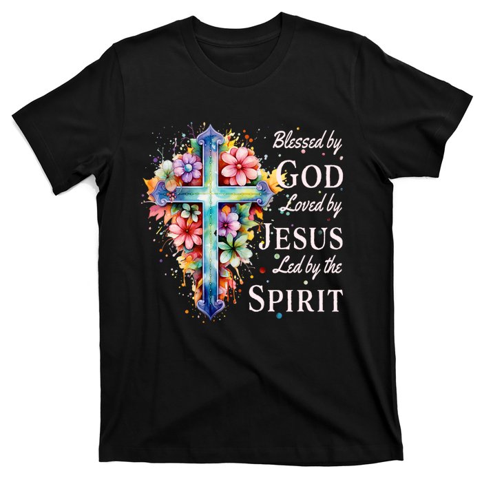 Blessed By God Loved By Jesus Floral Cross Christian T-Shirt