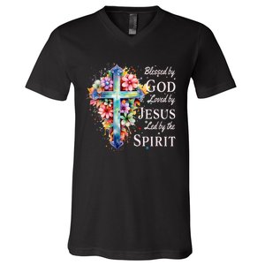 Blessed By God Loved By Jesus Floral Cross Christian V-Neck T-Shirt