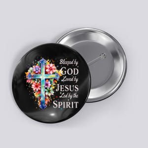 Blessed By God Loved By Jesus Floral Cross Christian Button