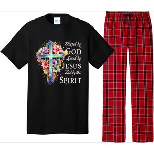 Blessed By God Loved By Jesus Floral Cross Christian Pajama Set