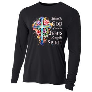 Blessed By God Loved By Jesus Floral Cross Christian Cooling Performance Long Sleeve Crew