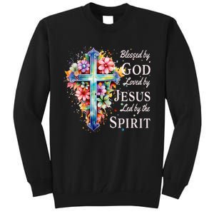 Blessed By God Loved By Jesus Floral Cross Christian Tall Sweatshirt