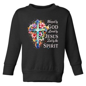 Blessed By God Loved By Jesus Floral Cross Christian Toddler Sweatshirt