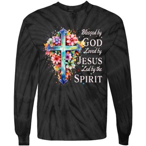 Blessed By God Loved By Jesus Floral Cross Christian Tie-Dye Long Sleeve Shirt