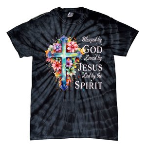 Blessed By God Loved By Jesus Floral Cross Christian Tie-Dye T-Shirt