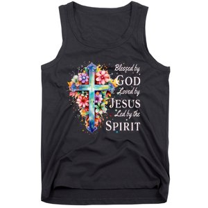 Blessed By God Loved By Jesus Floral Cross Christian Tank Top