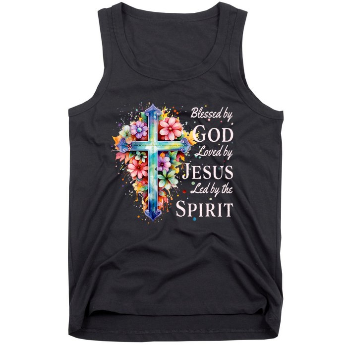 Blessed By God Loved By Jesus Floral Cross Christian Tank Top