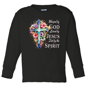 Blessed By God Loved By Jesus Floral Cross Christian Toddler Long Sleeve Shirt