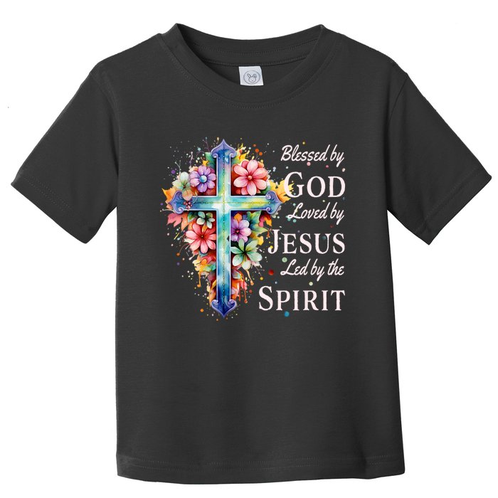 Blessed By God Loved By Jesus Floral Cross Christian Toddler T-Shirt