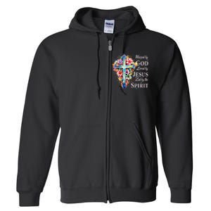 Blessed By God Loved By Jesus Floral Cross Christian Full Zip Hoodie