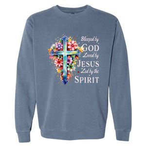 Blessed By God Loved By Jesus Floral Cross Christian Garment-Dyed Sweatshirt