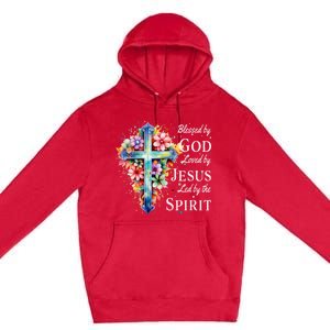 Blessed By God Loved By Jesus Floral Cross Christian Premium Pullover Hoodie