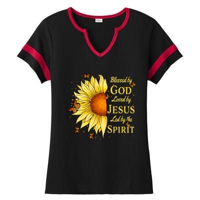 Blessed By God Loved By Jesus Sunflower Ladies Halftime Notch Neck Tee