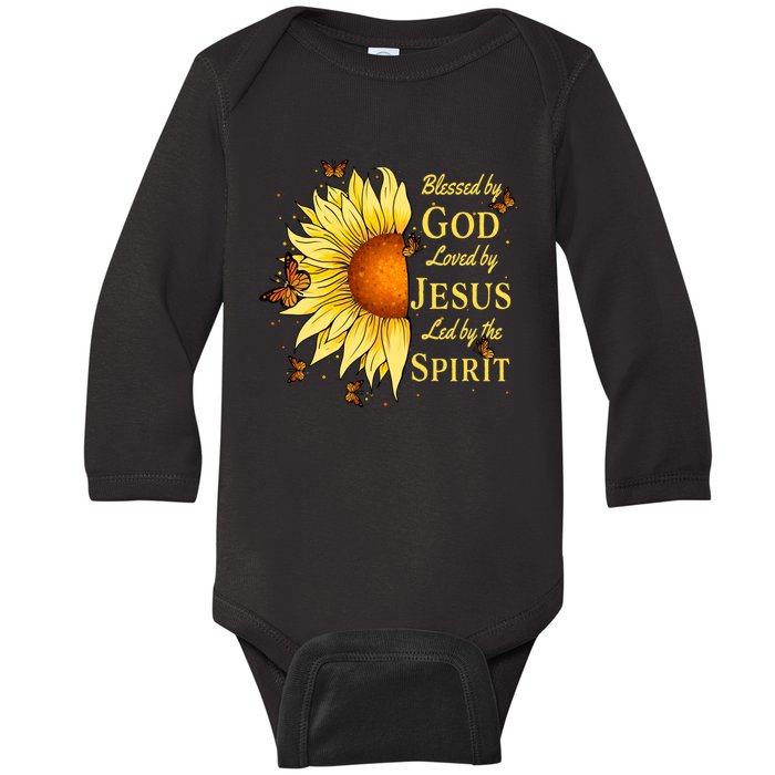 Blessed By God Loved By Jesus Sunflower Baby Long Sleeve Bodysuit