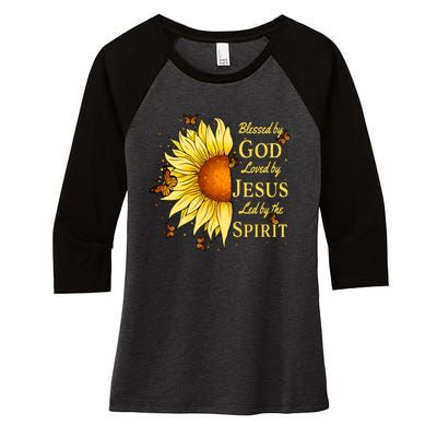 Blessed By God Loved By Jesus Sunflower Women's Tri-Blend 3/4-Sleeve Raglan Shirt