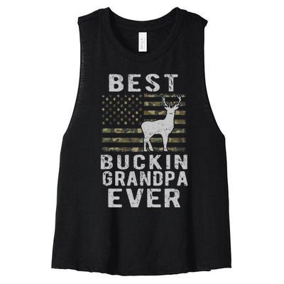 Best Bucking Grandpa Ever Camouflage US Flag Deer Hunting Women's Racerback Cropped Tank