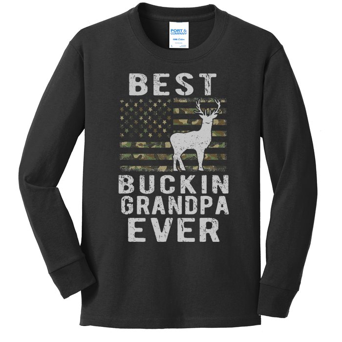 Best Bucking Grandpa Ever Camouflage US Flag Deer Hunting Kids Long Sleeve Shirt