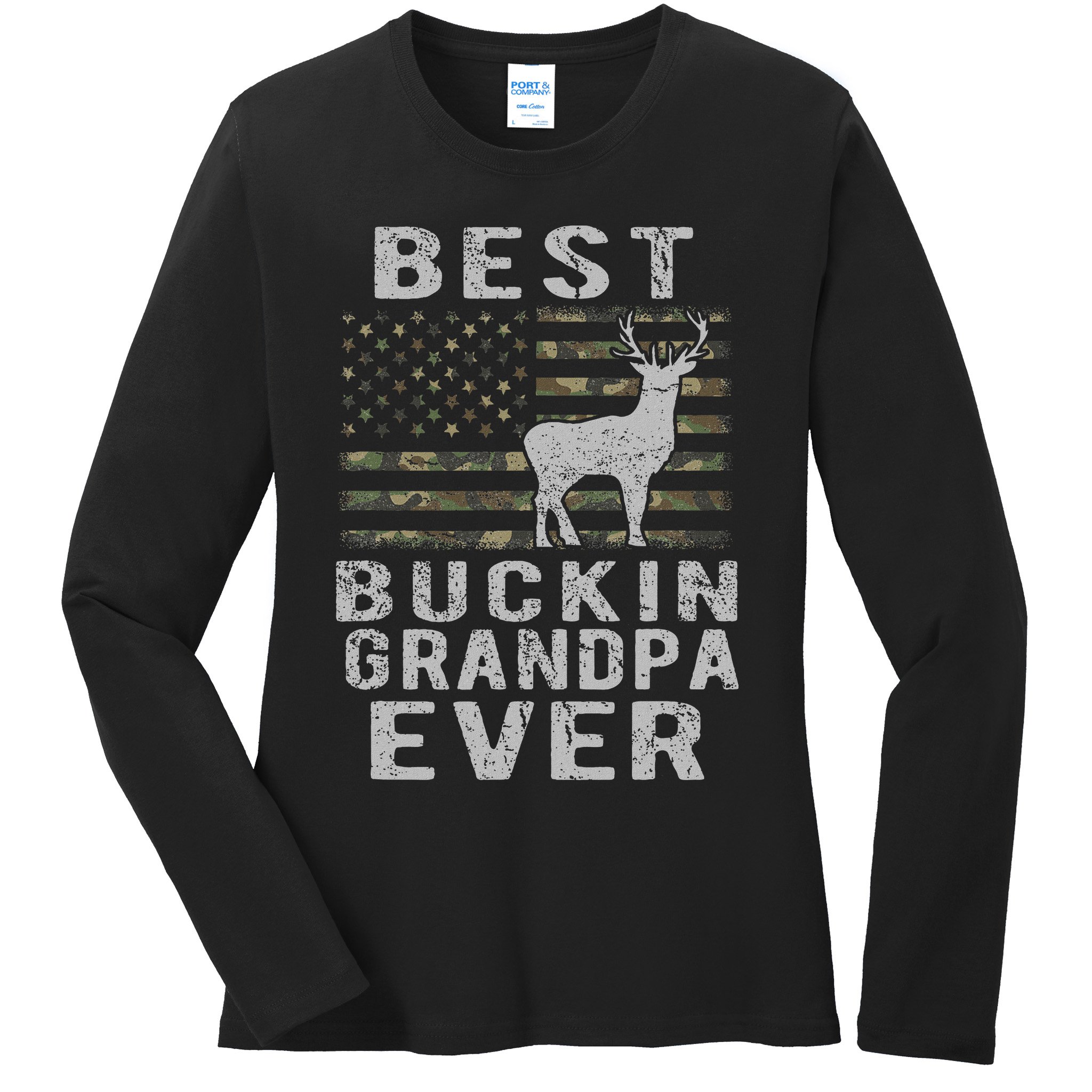 Best Bucking Grandpa Ever Camouflage Us Flag Deer Hunting Ladies Long Sleeve Shirt
