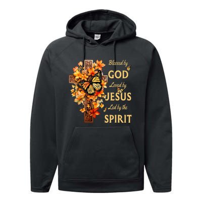 Blessed By God Loved By Jesus Fall Leaves Christian Cross Performance Fleece Hoodie