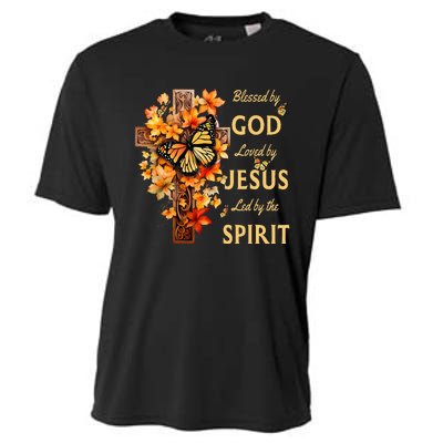 Blessed By God Loved By Jesus Fall Leaves Christian Cross Cooling Performance Crew T-Shirt