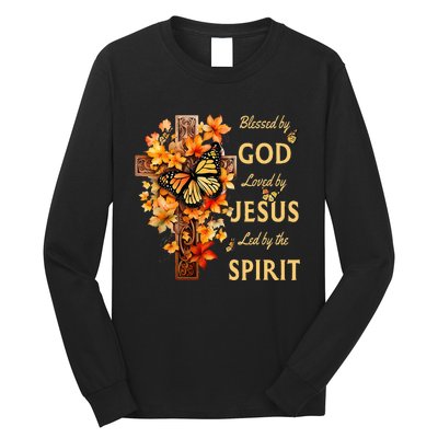 Blessed By God Loved By Jesus Fall Leaves Christian Cross Long Sleeve Shirt