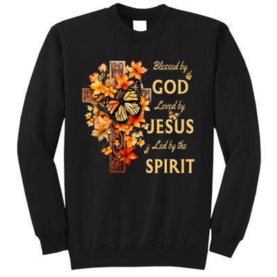 Blessed By God Loved By Jesus Fall Leaves Christian Cross Sweatshirt