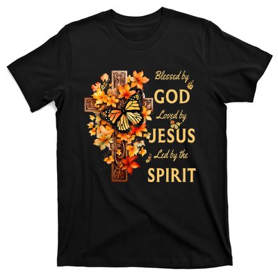 Blessed By God Loved By Jesus Fall Leaves Christian Cross T-Shirt