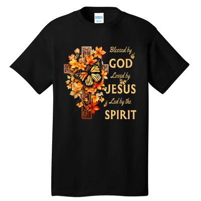 Blessed By God Loved By Jesus Fall Leaves Christian Cross Tall T-Shirt