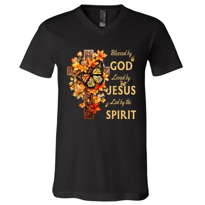 Blessed By God Loved By Jesus Fall Leaves Christian Cross V-Neck T-Shirt