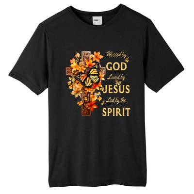 Blessed By God Loved By Jesus Fall Leaves Christian Cross Tall Fusion ChromaSoft Performance T-Shirt