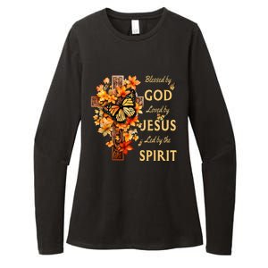 Blessed By God Loved By Jesus Fall Leaves Christian Cross Womens CVC Long Sleeve Shirt