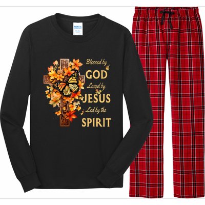 Blessed By God Loved By Jesus Fall Leaves Christian Cross Long Sleeve Pajama Set