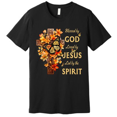 Blessed By God Loved By Jesus Fall Leaves Christian Cross Premium T-Shirt