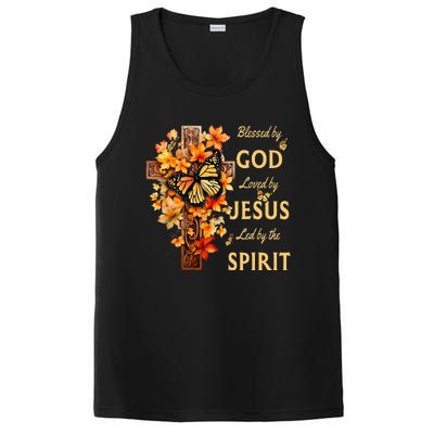 Blessed By God Loved By Jesus Fall Leaves Christian Cross PosiCharge Competitor Tank