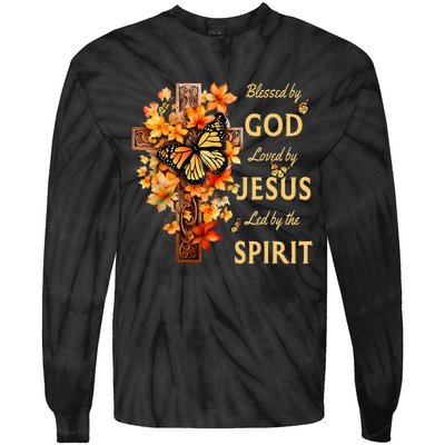 Blessed By God Loved By Jesus Fall Leaves Christian Cross Tie-Dye Long Sleeve Shirt