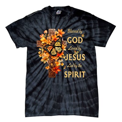 Blessed By God Loved By Jesus Fall Leaves Christian Cross Tie-Dye T-Shirt