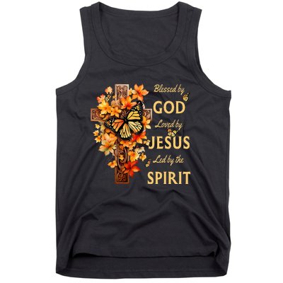 Blessed By God Loved By Jesus Fall Leaves Christian Cross Tank Top