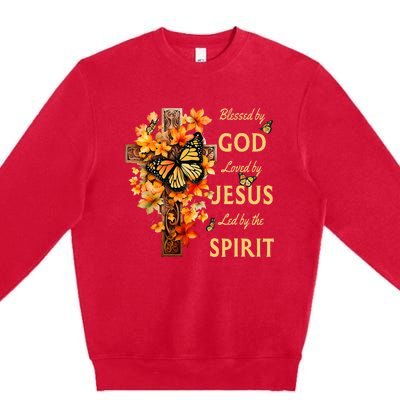 Blessed By God Loved By Jesus Fall Leaves Christian Cross Premium Crewneck Sweatshirt