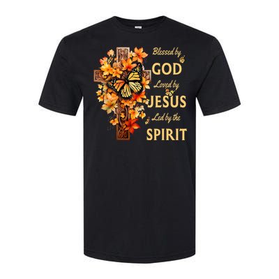 Blessed By God Loved By Jesus Fall Leaves Christian Cross Softstyle CVC T-Shirt