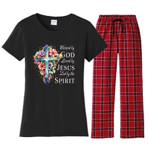 Blessed By God Loved By Jesus Floral Cross Christian Women's Flannel Pajama Set